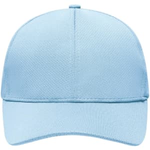 A light blue 6 Panel Sport Mesh Cap featuring a structured design and a logo on the front.