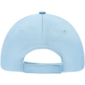 A light blue 6-panel sport mesh cap featuring a rear adjustable strap and a logo on the back.