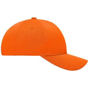 An orange 6 panel sport mesh cap with a curved brim and a logo on the front.