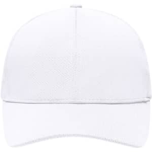 A white 6 panel sport mesh cap with a curved brim and a logo on the front.