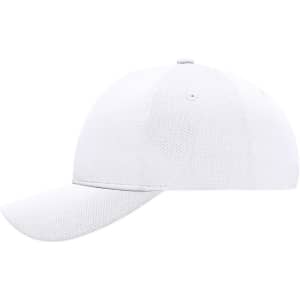 A white 6-panel sport mesh cap featuring a curved brim and ventilation holes, with a logo on the side.