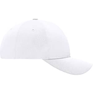 A white 6 Panel Sport Mesh Cap with a curved brim and a logo on the side.
