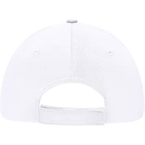 A white 6 Panel Sport Mesh Cap featuring a rear closure and ventilation. It includes a logo on the back.