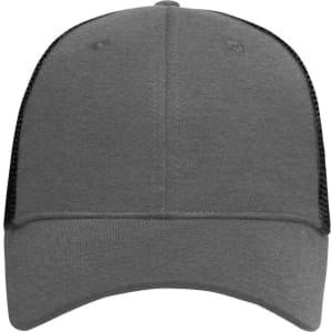 A grey 6 panel elastic fit mesh cap with a solid front and mesh sides. Features a logo.