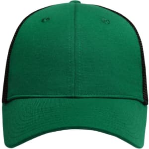 A green 6 panel elastic fit mesh cap with a black mesh back and a curved brim. It features a logo on the front.