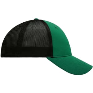 A green and black 6 panel elastic fit mesh cap with a curved brim and mesh back.
