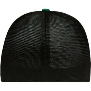 A black mesh cap with a green button on top and an elastic fit design, featuring a logo.