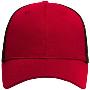 A red 6 panel elastic fit mesh cap with black mesh panels at the back and a rounded peak.