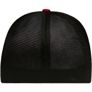 A black 6 panel elastic fit mesh cap with a red accent at the top and a logo on the back.