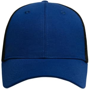 A blue 6 panel mesh cap with black mesh sides and back. It features a structured front for a fitted look.
