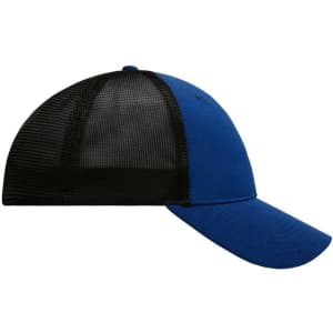 A blue 6-panel cap with a black mesh back and a curved peak. It features a logo on the front.