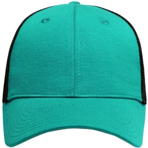 A turquoise 6 panel elastic fit mesh cap with black mesh on the back and sides. It features a logo on the front.