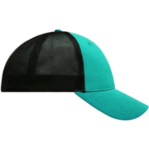 A turquoise and black 6 panel elastic fit mesh cap featuring a logo on the front.