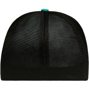 A black mesh cap with an elastic fit and a turquoise button on top. It features a logo.