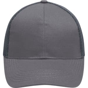 A grey 6 panel air mesh cap featuring a solid front and mesh back, with a curved brim and a logo.