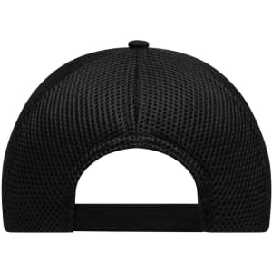 A black 6-panel air mesh cap with a breathable design and a curved peak. Features a logo on the back.