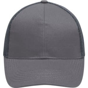 A grey 6 panel air mesh cap with a solid front and mesh sides. It features a curved brim and a logo.