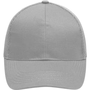 A grey 6 panel air mesh cap featuring a solid front and mesh sides, with a logo on the front.