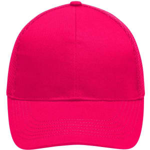 A bright pink 6 panel air mesh cap with a solid design and a branding logo on the front.