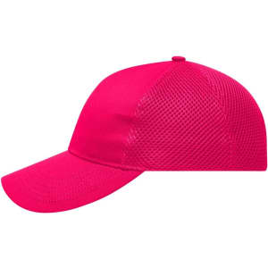 A pink 6-panel air mesh cap with a curved peak and a breathable mesh side for ventilation. It features a logo.