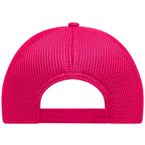 A bright pink 6 Panel Air Mesh Cap with a mesh texture and an adjustable back. It features a logo.