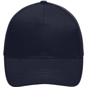 A navy six-panel air mesh cap with a curved brim and a logo on the front.
