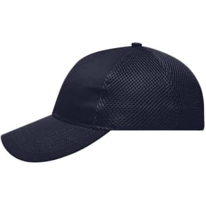 A navy blue 6 panel air mesh cap featuring a solid front and mesh sides, with a curved brim and a logo.