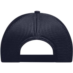 A navy blue 6 panel air mesh cap featuring a breathable mesh design and a branded logo.