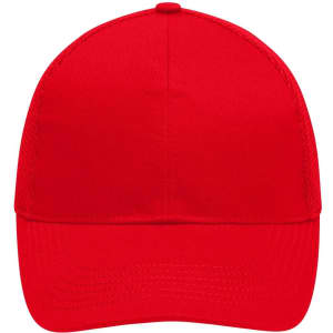 A red 6 panel air mesh cap featuring a solid design and a front peak. It includes a branding logo.