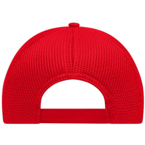 A red 6-panel air mesh cap with a textured back and adjustable strap. It features a logo on the side.