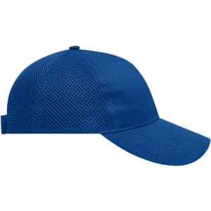 A blue 6 panel air mesh cap, featuring a structured front and mesh back, ideal for breathability.