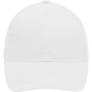 A white 6 panel air mesh cap with a curved brim and a mesh back, featuring a logo.