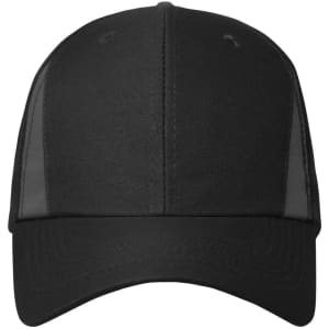 A black cap with a structured front and mesh side panels, featuring a logo on the front.