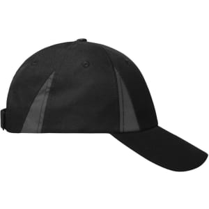 A black safety cap featuring reflective panels, designed for visibility and protection in work environments.