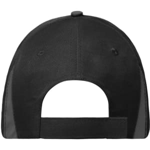 A black cap featuring a flat brim and an adjustable strap at the back, with a logo on the side.