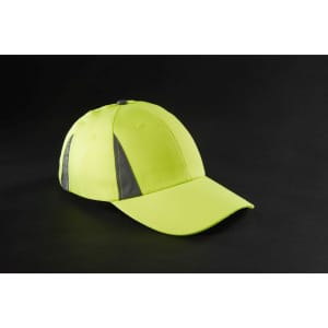 A bright yellow safety cap with reflective grey strips, designed for visibility and protection in safety wear.