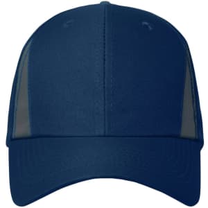 A navy blue cap featuring a solid front and mesh sides, with a curved brim and a logo.