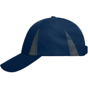 A navy safety cap with reflective panels and a curved peak, featuring a logo on the side.