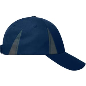 A navy blue cap featuring reflective panels, designed for safety wear. It has a curved visor and an adjustable back.