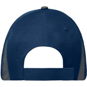 A navy blue cap featuring a mesh design and an adjustable strap at the back. It has a logo on the side.