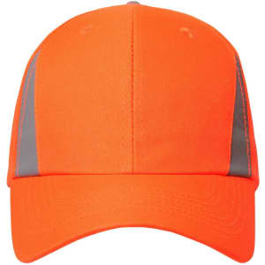 An orange cap with reflective grey stripes, featuring a logo on the front. Suitable for safety wear.