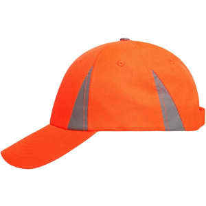 A safety cap in bright orange with reflective grey stripes on the sides, featuring a curved brim and adjustable back.