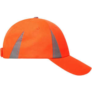 A high-visibility orange safety cap with reflective stripes on the sides. Features a curved peak and adjustable strap.