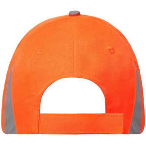 A bright orange cap with reflective grey accents and an adjustable strap at the back. It features a logo.