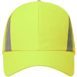 A bright yellow safety cap with reflective grey stripes on the sides and a structured brim. It has a logo on the front.