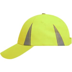 A high-visibility yellow cap with reflective grey stripes on the sides and a curved brim. It has a logo on it.