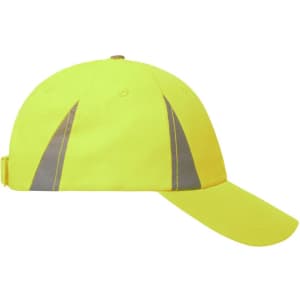 A safety cap in bright yellow with reflective grey detailing, designed for high visibility in safety wear.