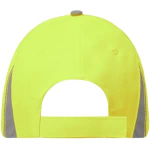 A bright yellow cap with reflective grey panels and an adjustable strap at the back, featuring a logo.