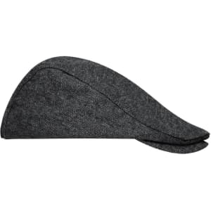 A grey herringbone cap with a rounded shape, featuring a logo on the side.