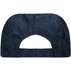 A dark blue herringbone-patterned cap featuring an open back design and a logo.